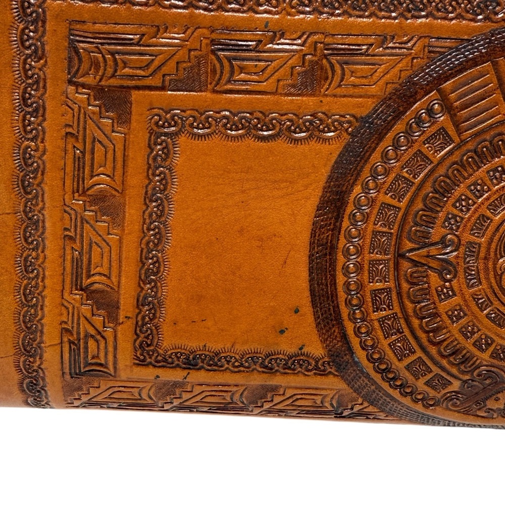 Vintage Mexican Hand Tooled Leather Shoulder Bag Aztec Mayan Warrior Sun Purse - Picture 8 of 13